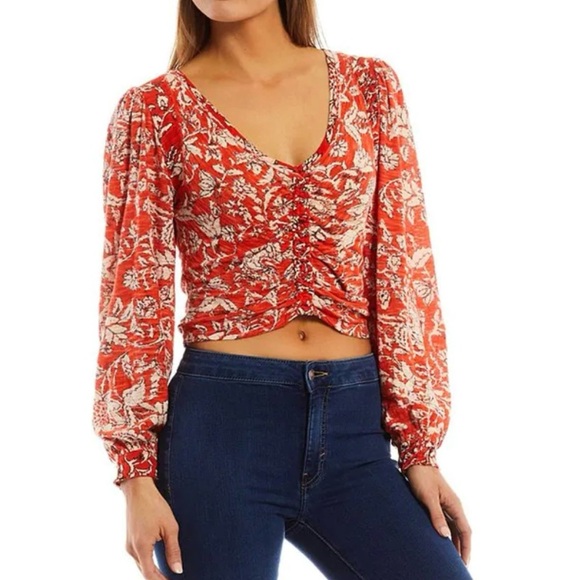 Free People “Say The Word” Long Sleeve Top | Red Combo | Size S - Picture 2 of 6
